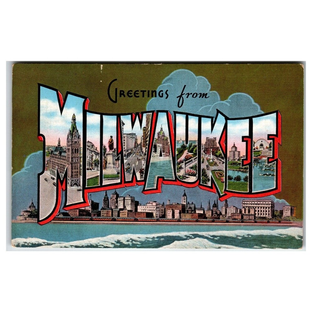 Greetings from Milwaukee Wisconsin Large Letter Linen Postcard E.C. Kropp